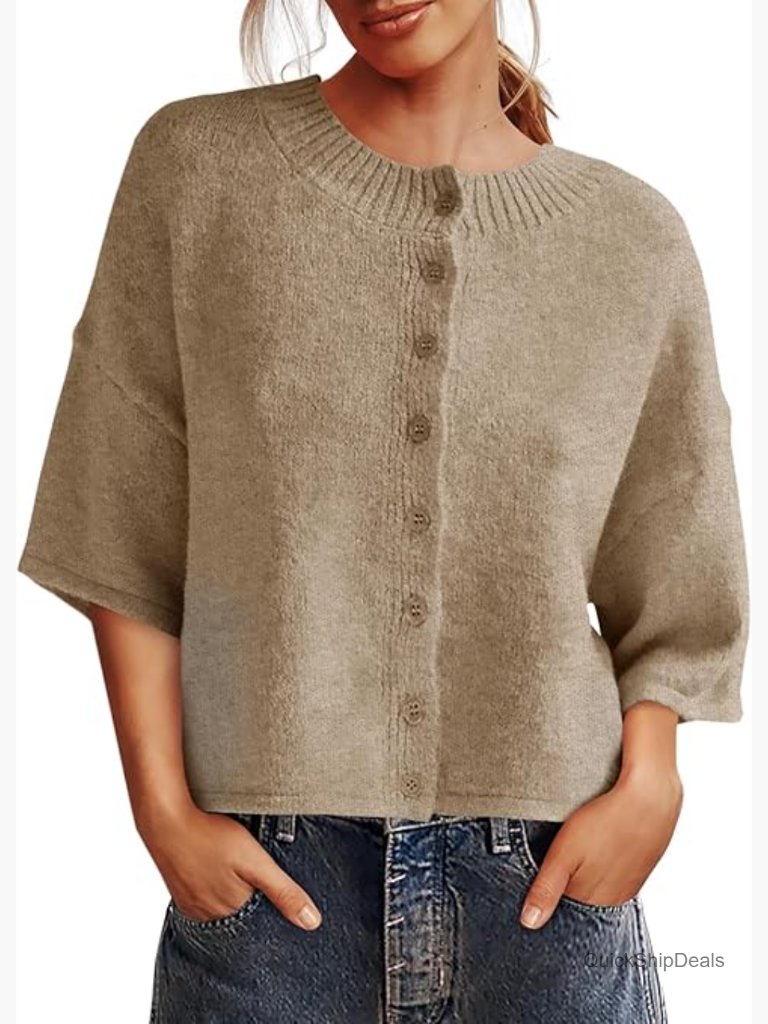 Womens 3/4 Sleeve Button Down Cardigan Sweater Cropped Crewneck Knit Top